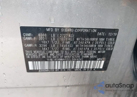 2020 Subaru Ascent Premium z USA, uszkodzony, nr VIN 4S4WMAFD2L3444042